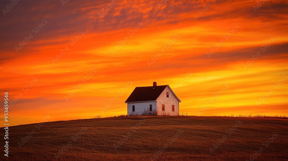 A hilltop white farmhouse against a vibrant sunset with intense orange and red hues in the sky A hilltop white farmhouse against a vibrant sunset with intense orange and red hues in the sky