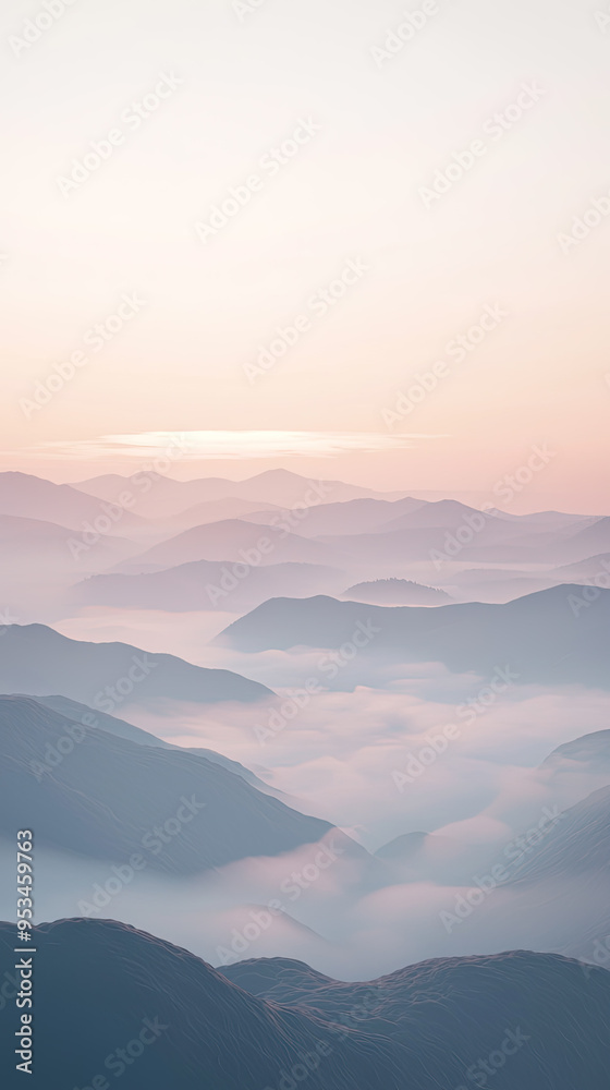 A Serene Dawn: Misty Mountains Embrace the Golden Light A Serene Dawn: Misty Mountains Embrace the Golden Light