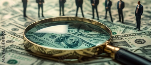 Business Investigation: Tiny Figures on Dollar Bills Under Magnifying Glass