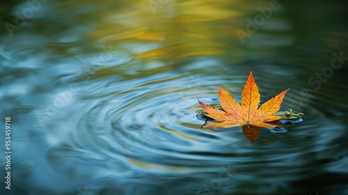   A leaf floats atop a lake, accompanied by another leaf atop a green and yellow one