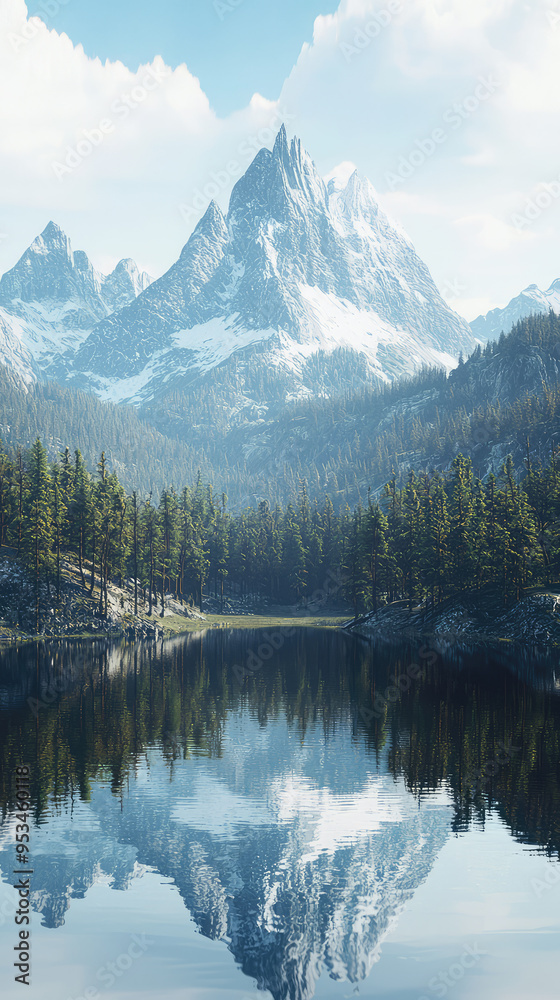 Serene Mountain Lake Reflecting Majestic Peaks Under a Soft Sky Serene Mountain Lake Reflecting Majestic Peaks Under a Soft Sky