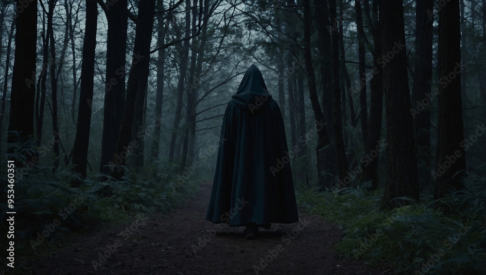 A cloaked figure navigating a dark forest path. A cloaked figure navigating a dark forest path.