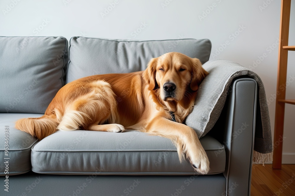 Melancholy Golden Retriever Relaxing on Couch in Well-Defined Image Melancholy Golden Retriever Relaxing on Couch in Well-Defined Image