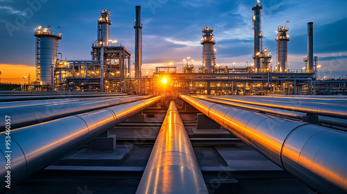 Photograph of an industrial oil and gas plant with a large pipeline in the background against a dusk sky