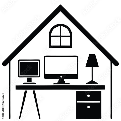 Modern Home Office Setup Silhouette - Vector Line Art for Workspace Inspiration.