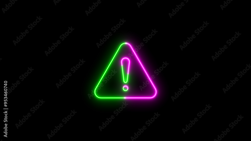 Neon, glowing warning sing. Light glowing neon multicolor warning attention on black background.