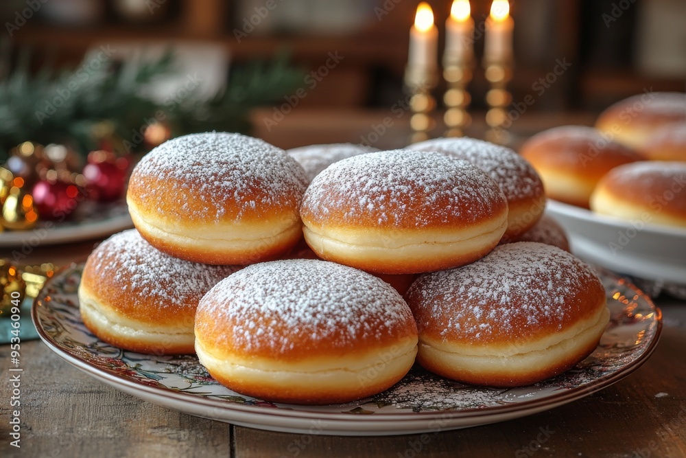 jelly-filled donuts dusted with powdered sugar and served on a festive table. Generative AI jelly-filled donuts dusted with powdered sugar and served on a festive table. Generative AI