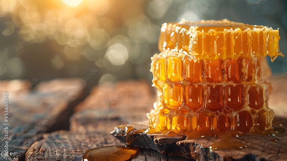 Dripping Honeycomb with Natural Sweetness and Texture on Rustic Wooden Background Dripping Honeycomb with Natural Sweetness and Texture on Rustic Wooden Background