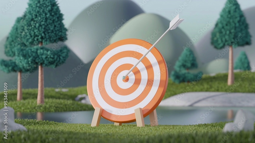 3D illustration of an orange and white target with an arrow in the center 3D illustration of an orange and white target with an arrow in the center
