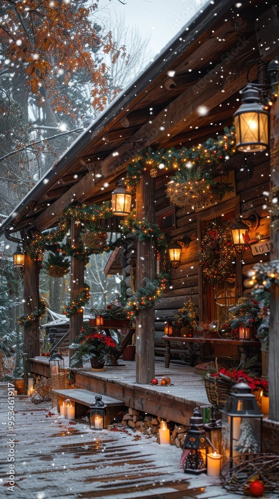 A cozy cabin adorned with lights and decorations, nestled in a snowy forest, evoking a warm, festive atmosphere. A cozy cabin adorned with lights and decorations, nestled in a snowy forest, evoking a warm, festive atmosphere.