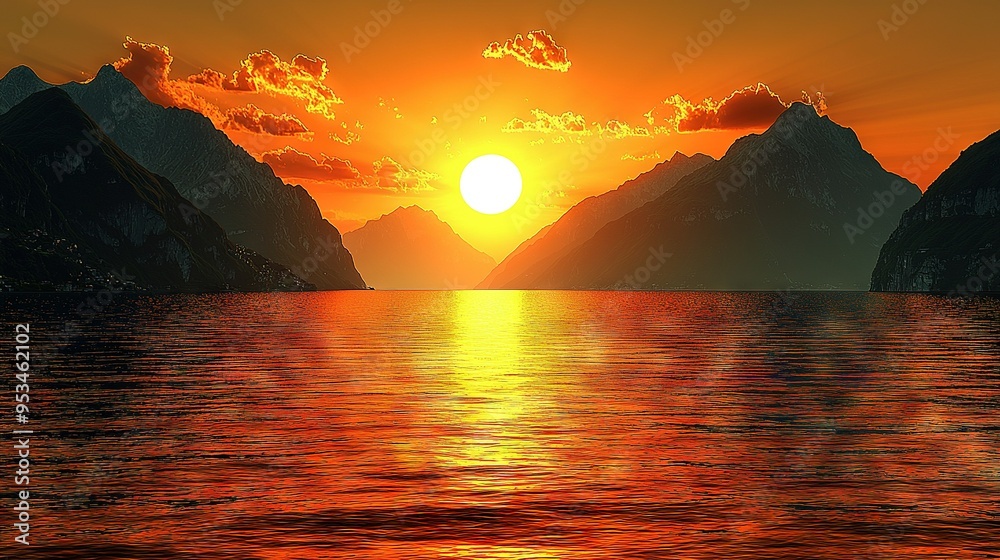 Naklejka premium A breathtaking image of a vast ocean with majestic mountains in the backdrop and an awe-inspiring sunset as its focal point