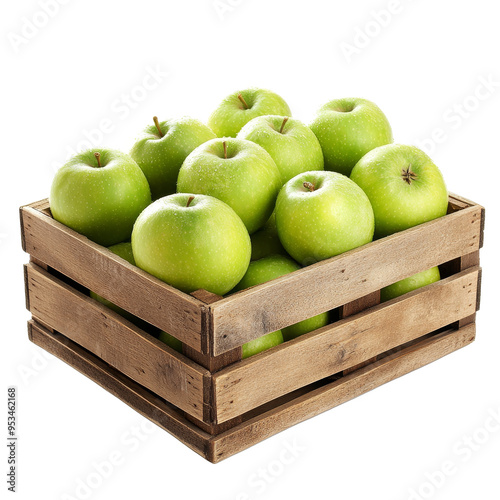 A rustic wooden box of fresh green apples stands out against a bright transparent background, ideal for a healthy display, green apples in wooden boxon transparent background photo