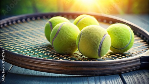 Macro photography of tennis racket and balls made with tools