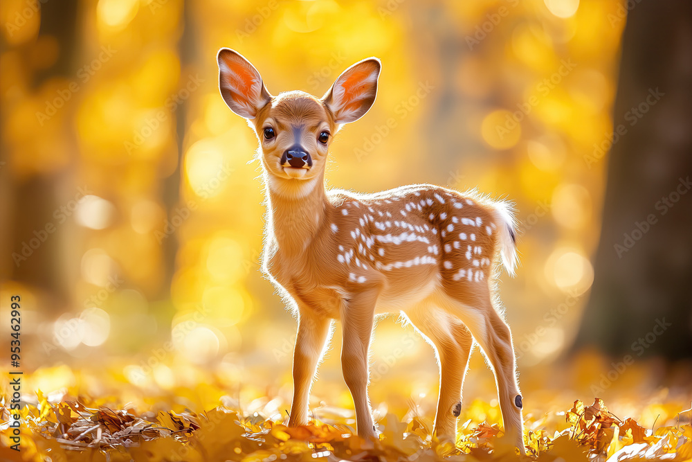 A baby deer on the background of a golden forest