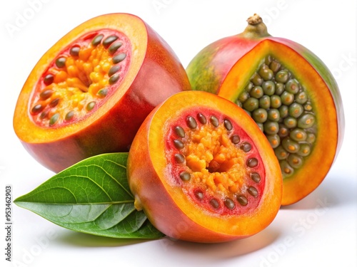 Vibrant orange-yellow Tucuma fruit with glossy skin and intricate patterns, isolated on white background, highlighting its exotic and nutritional appeal. photo