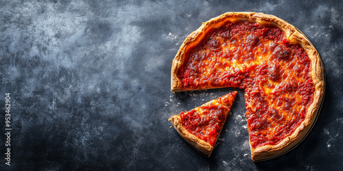 Deep dish pizza with the crust prominently visible around the edges, toppings filling the center photo