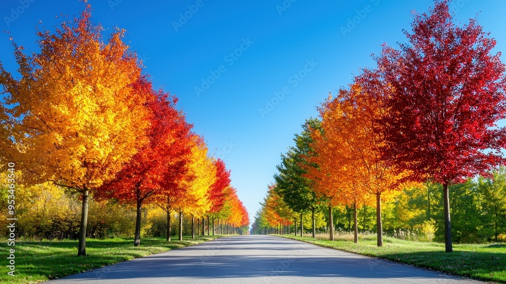 Vibrant autumn trees line a peaceful pathway under a clear blue sky, showcasing a stunning display of fall colors. Vibrant autumn trees line a peaceful pathway under a clear blue sky, showcasing a stunning display of fall colors.