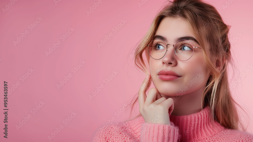 Closeup photo portrait of young deep thinking entrepreneur girl touch chin looking empty space advertisement isolated on pink color background