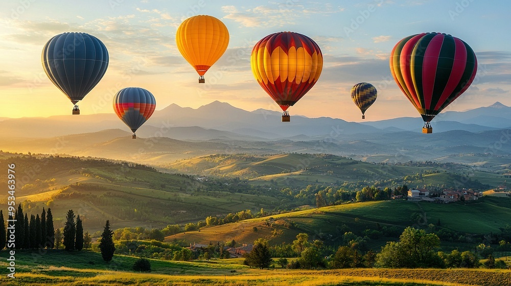 Naklejka premium A group of hot air balloons soaring above a verdant valley dotted with trees and majestic mountains