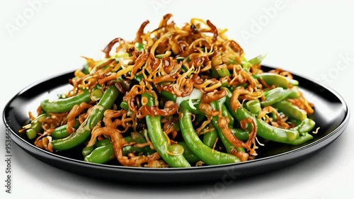 A classic green bean casserole with a crispy onion topping and a creamy, savory sauce, isolated on white background