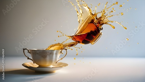 Splash of Tea in Falling Cup, Isolated on White Background