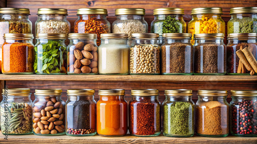 Colorful jars filled with various spices, nuts, and grains are neatly arranged on wooden shelves, creating an inviting and organized kitchen display photo