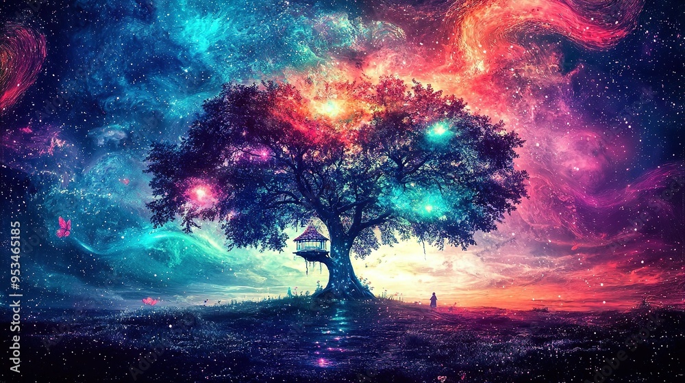 Fototapeta premium A person stands beneath a solitary tree amidst a vast star-filled sky