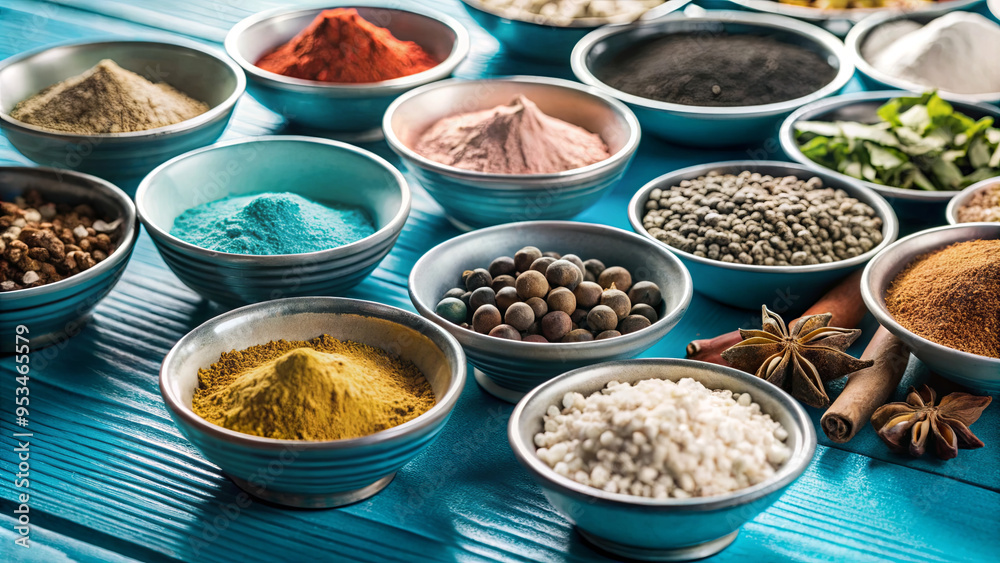 Fototapeta premium Various spices are neatly displayed in small bowls, arranged on a bright blue wooden surface. Each bowl features a different color and texture, representing culinary traditions