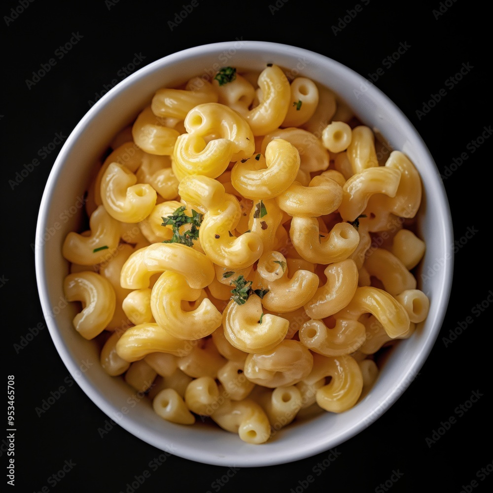 Top-down view of creamy macaroni and cheese in a white bowl Top-down view of creamy macaroni and cheese in a white bowl