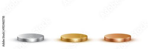 Gold, silver, bronze podiums for awards or product display vector illustration set. Empty 3d metal stages on white background. Luxury elegant platforms for winners ceremony, champions pedestals.