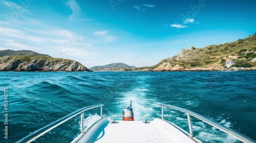 Boat on the water, with a clear sky and some clouds in the background.