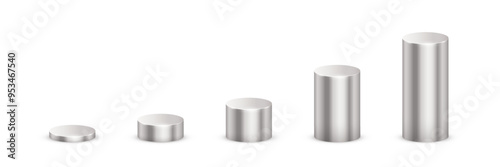 Silver metal 3d cylinder vector illustration set. Realistic steel pedestal podiums of circle geometric shape stand with perspective, blank circular platform or stage for product, diagram graph.
