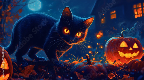 A cat prowling late at night for Halloween, haunting eerie places in search of victims.