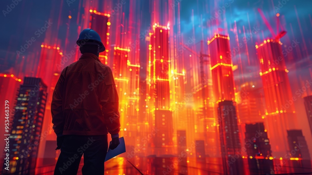 A construction worker stands on a rooftop, gazing at a city skyline illuminated by bright red lights, reflecting the energy of the dynamic urban landscape during twilight A construction worker stands on a rooftop, gazing at a city skyline illuminated by bright red lights, reflecting the energy of the dynamic urban landscape during twilight