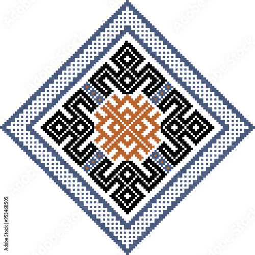 Intricate Geometric Diamond Pattern with Blue, Black, and Brown Motifs