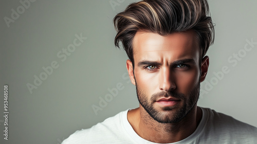 Handsome model with perfect hairstyle and short beard. Barber concept.