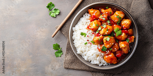 Sweet and sour chicken served in a bowl with rice and garnish