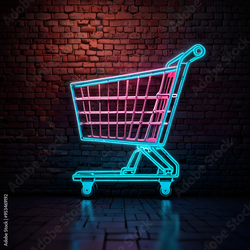 Eye-Catching Neon Shopping Cart Icon Brighten Up Your Site with a Glowing Brick Wall Background.