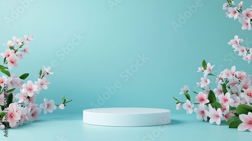 A blue background with a white flower design and pink flowers