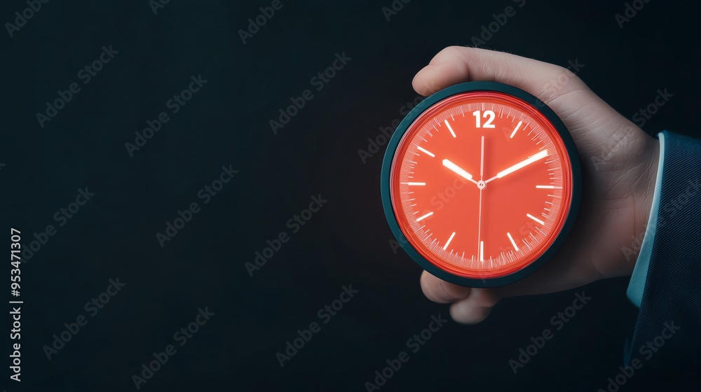 custom made wallpaper toronto digitalA close-up of a hand holding a round red clock displaying the time in front of a dark background, signifying punctuality and time management.