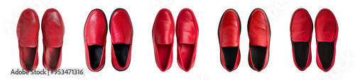 pair of red slip-on shoe footwear isolated on a transparent background, top view, cut-out, PNG