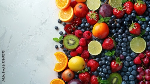 A fresh assortment of tropical fruits on a white surface including juicy mangoes, sweet strawberries and vibrant oranges with ample space for advertising.