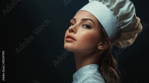 Chef wery pretty woman black background studio light photo