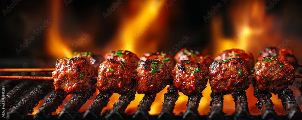 Delicious grilled meat skewers sizzling over an open flame, perfect for a summer barbecue or outdoor gathering. Delicious grilled meat skewers sizzling over an open flame, perfect for a summer barbecue or outdoor gathering.