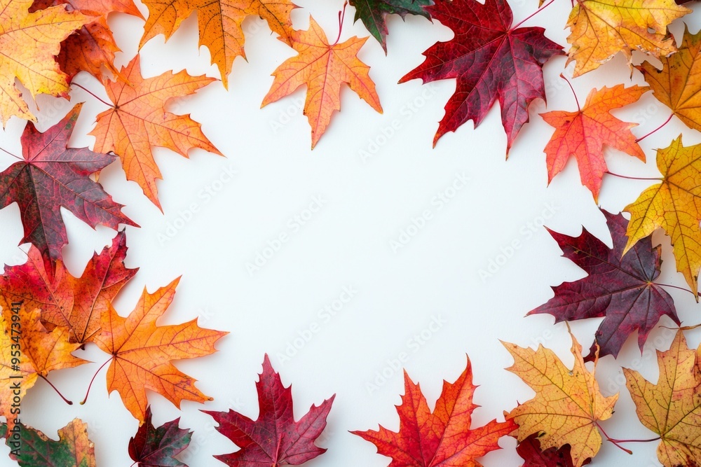 Fototapeta premium Autumn Maple Leaves Flat Lay White Background created with Generative AI