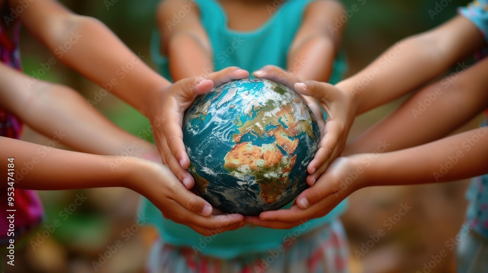 Several children's hands hold the globe, representing shared responsibility for the planet and a commitment to protecting the Earth's natural beauty and resources. Several children's hands hold the globe, representing shared responsibility for the planet and a commitment to protecting the Earth's natural beauty and resources.