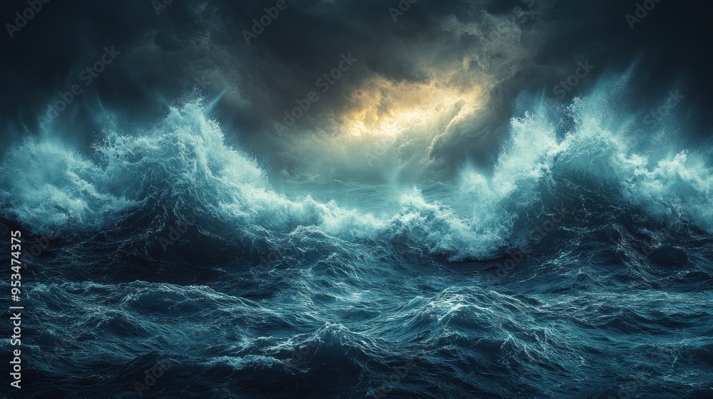 A dramatic storm brewing over the ocean, with dark clouds and crashing waves. A dramatic storm brewing over the ocean, with dark clouds and crashing waves.