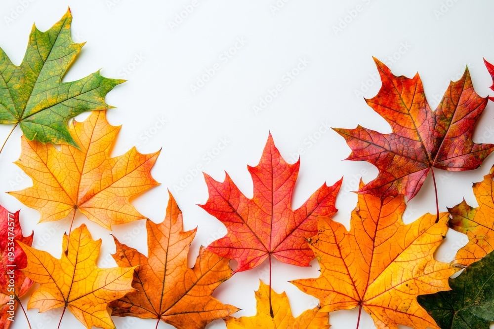 Autumn Maple Leaves Flat Lay White Background created with Generative AI Autumn Maple Leaves Flat Lay White Background created with Generative AI