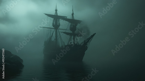 A spectral ship emerges from the mist on a dark, ominous sea, with ghostly figures barely visible on the deck, evoking a chilling and mysterious atmosphere.