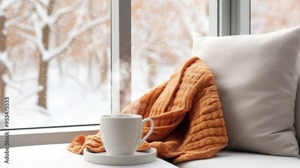 Seamless looping 4k animation of Cozy Winter Scene with Warm Blanket and Cup of Tea by the Snowy Window. Perfect for Hygge and Relaxation Themes. Seamless looping 4k animation of Cozy Winter Scene with Warm Blanket and Cup of Tea by the Snowy Window. Perfect for Hygge and Relaxation Themes.